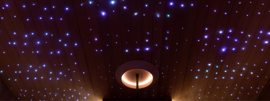 Sauna Ceiling with starlight effect and a light fixture