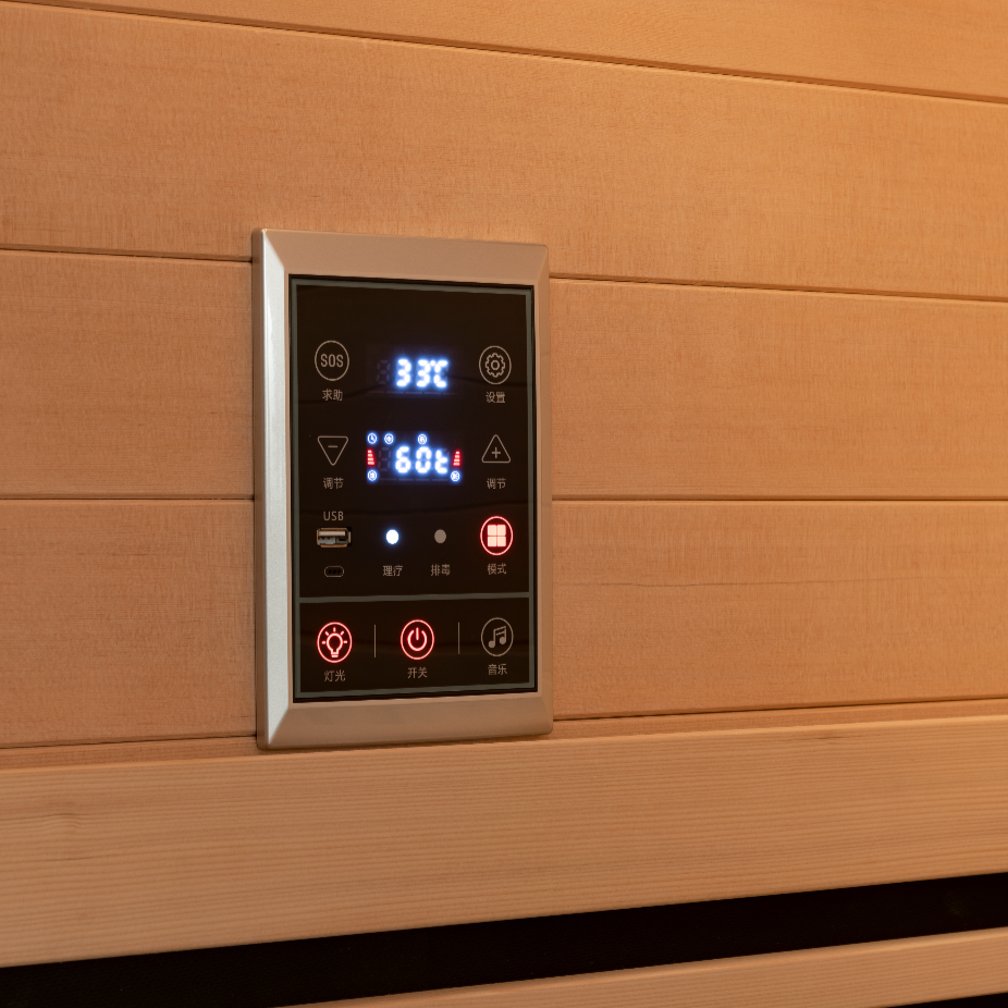 Digital control panel on a wooden sauna wall