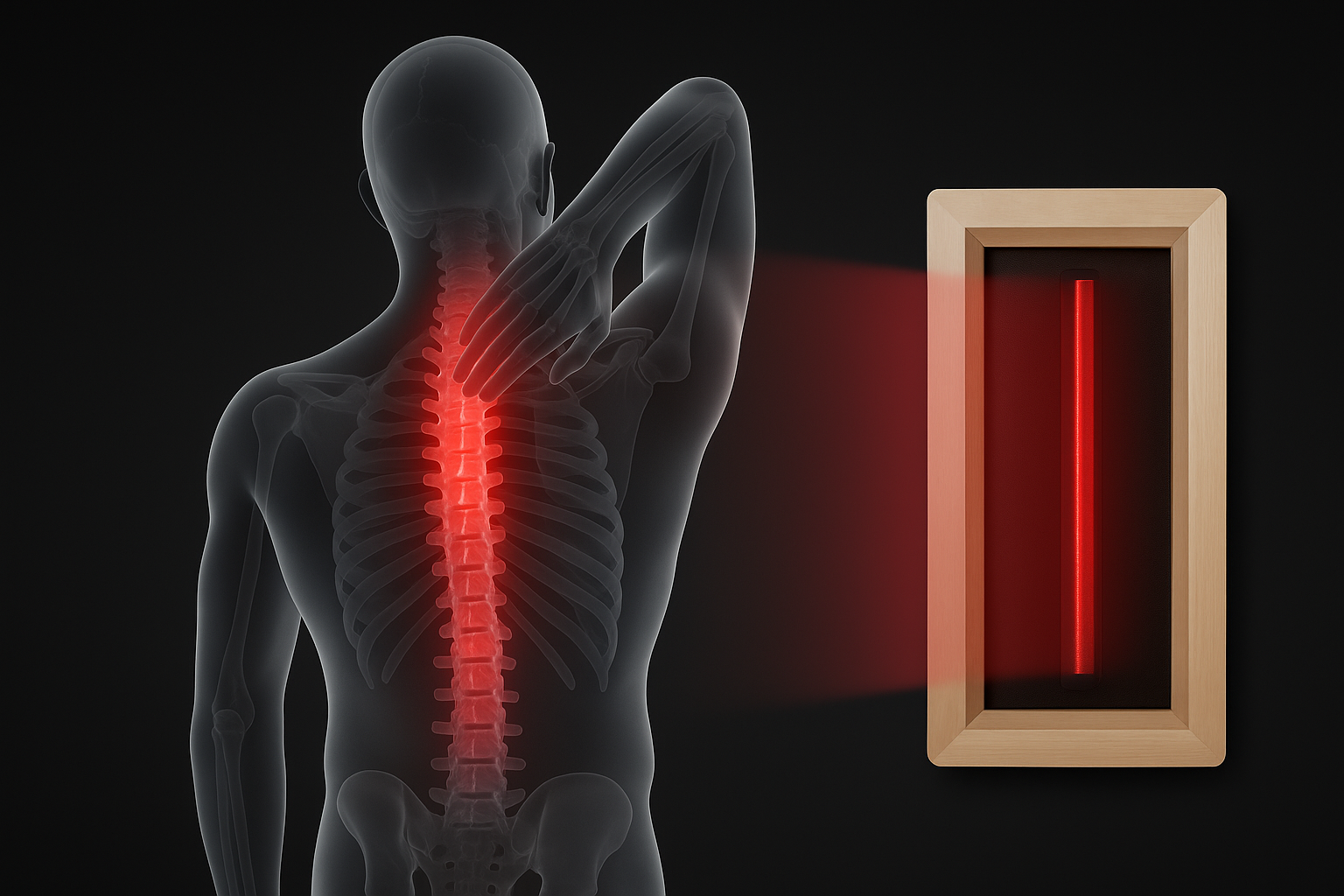 Illustration of a person with a highlighted spine and a Biotherpay icon with a red bar, symbolizing pain or discomfort.