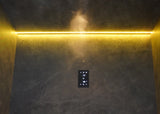 Control panel on a marble wall with a horizontal light strip above