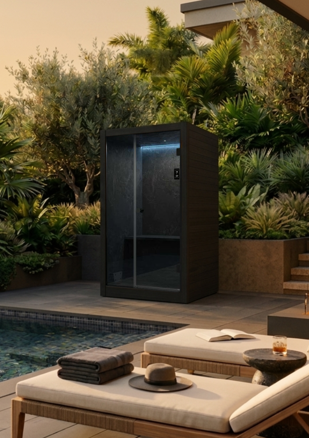 Relaxing outdoor area with pool, lounge chairs, and a steam room, fire pit in a garden setting.