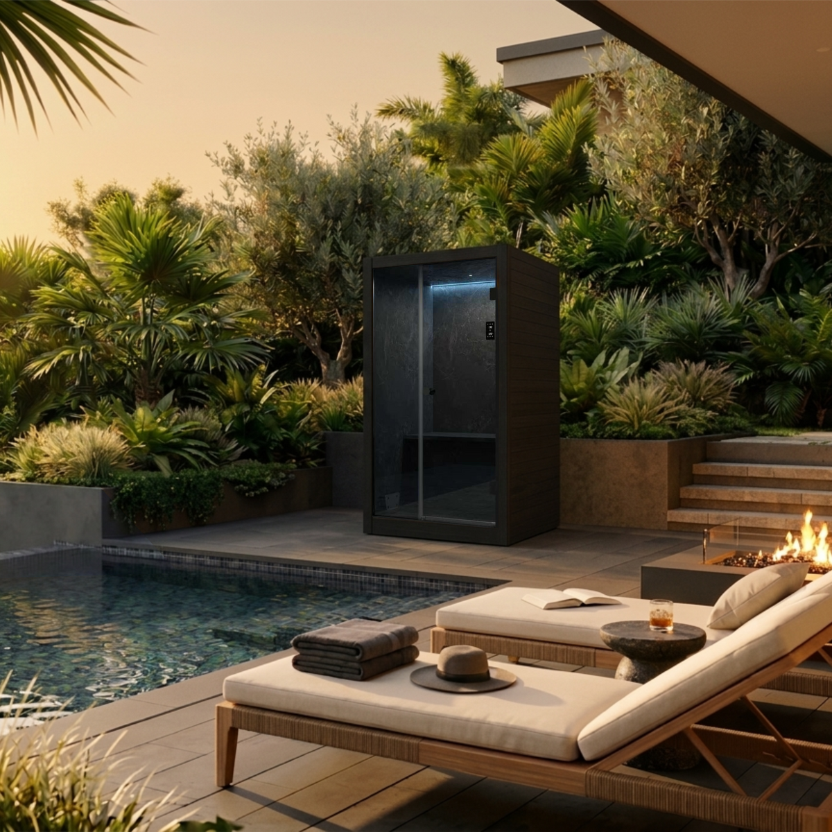 Relaxing outdoor area with pool, lounge chairs, and fire pit in a garden setting.