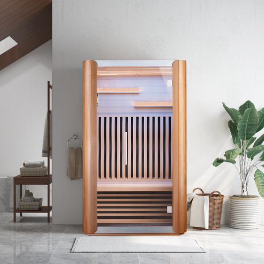 Wooden sauna entryway with a modern bathroom interior.