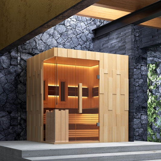 Wooden sauna structure with stone walls and greenery