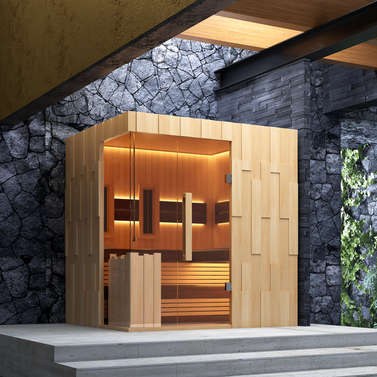 A modern wooden sauna cabin with warm interior lighting, set against a dark stone wall with a green living wall and concrete steps in the foreground.