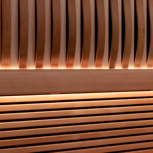 Wooden panel with wavy design and embedded lights
