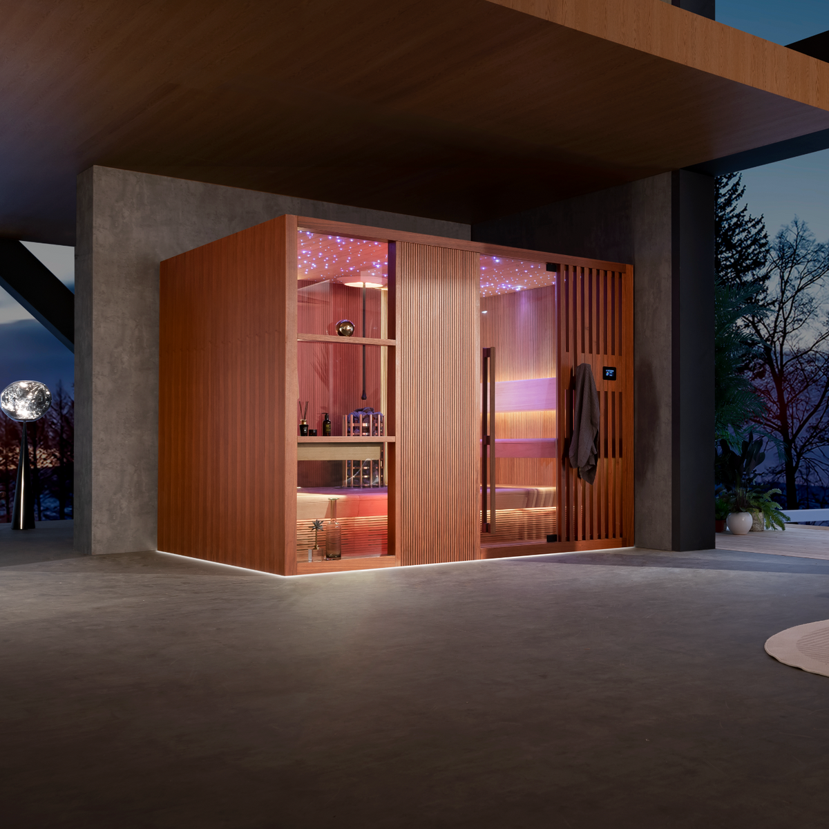 Luxury home sauna with warm wood finish, blue ambient lighting, and star-lit ceiling — modern indoor wellness space by Haus of Heat.