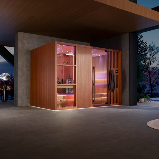 Luxury home sauna with warm wood finish, blue ambient lighting, and star-lit ceiling — modern indoor wellness space by Haus of Heat.