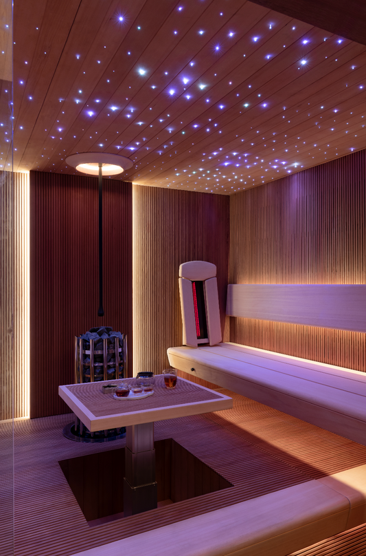 Modern wooden sauna interior with a star-lit ceiling, soft ambient lighting, and built-in heater — featuring a minimalist bench and relaxation setup by Haus of Heat.