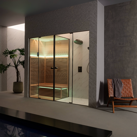 Modern glass-enclosed sauna sauna with steam and shower
