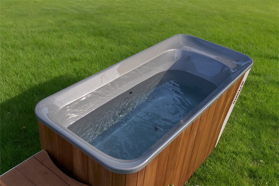 Portable cold plunge on grass