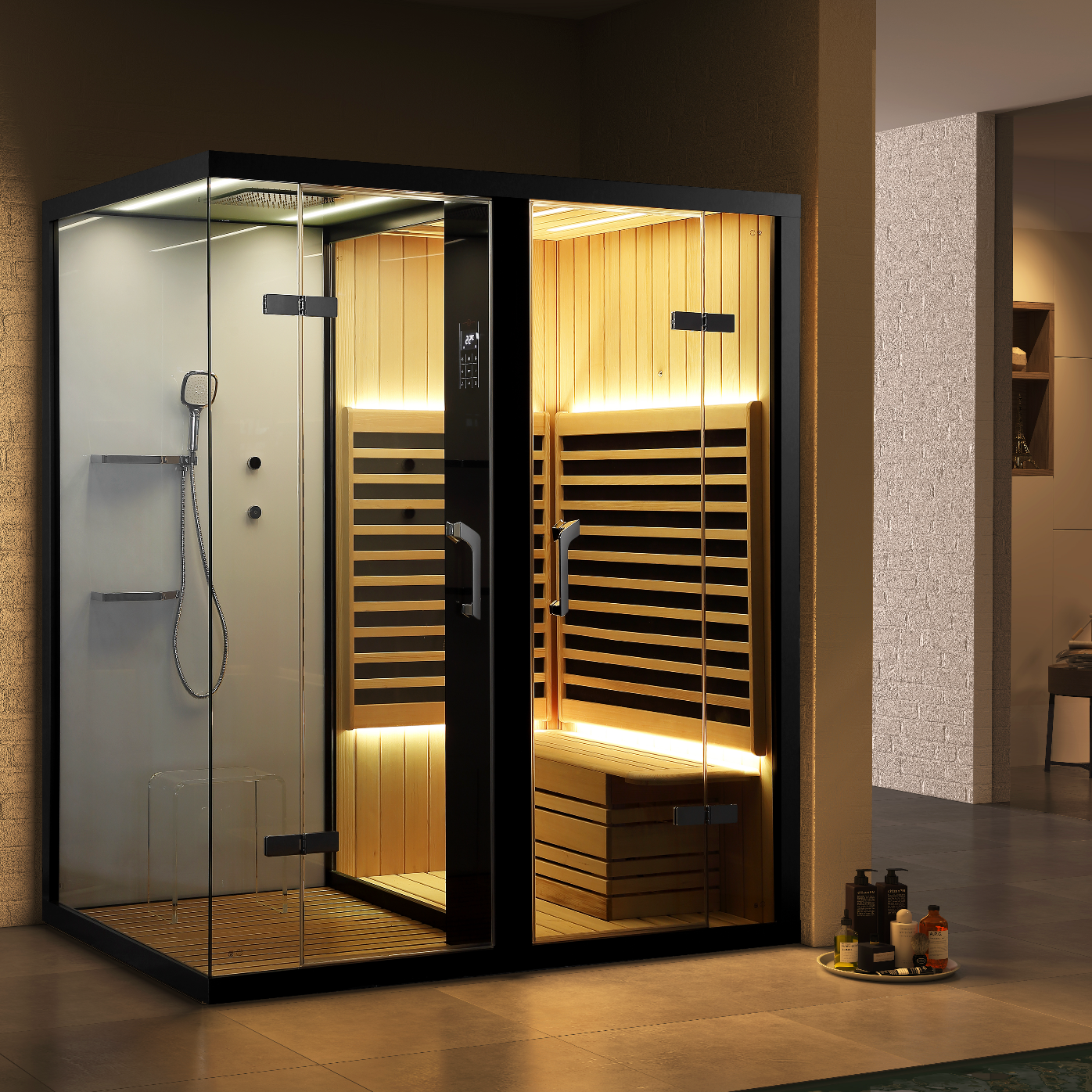 Modern steam room with glass doors in a luxurious bedroom setting