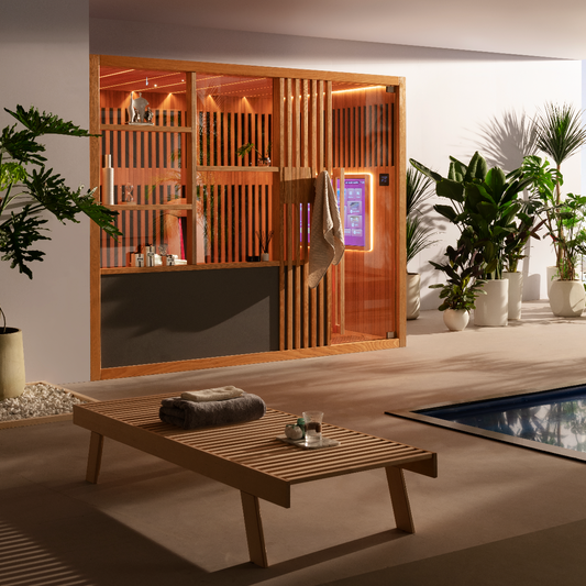 Novo sauna in ash and hemlock wood with grid design and warm lighting.