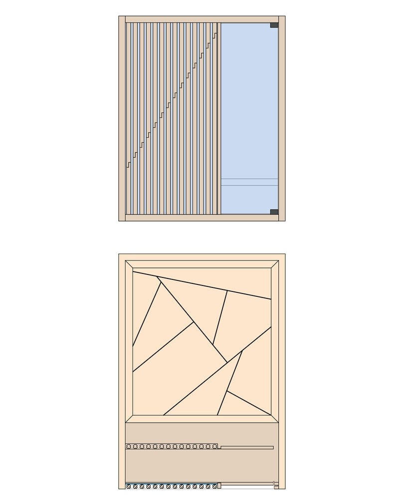 Two architectural-style front views of a wooden door or screen panel on a white background, one with vertical slats and one with irregular geometric wood inlay.