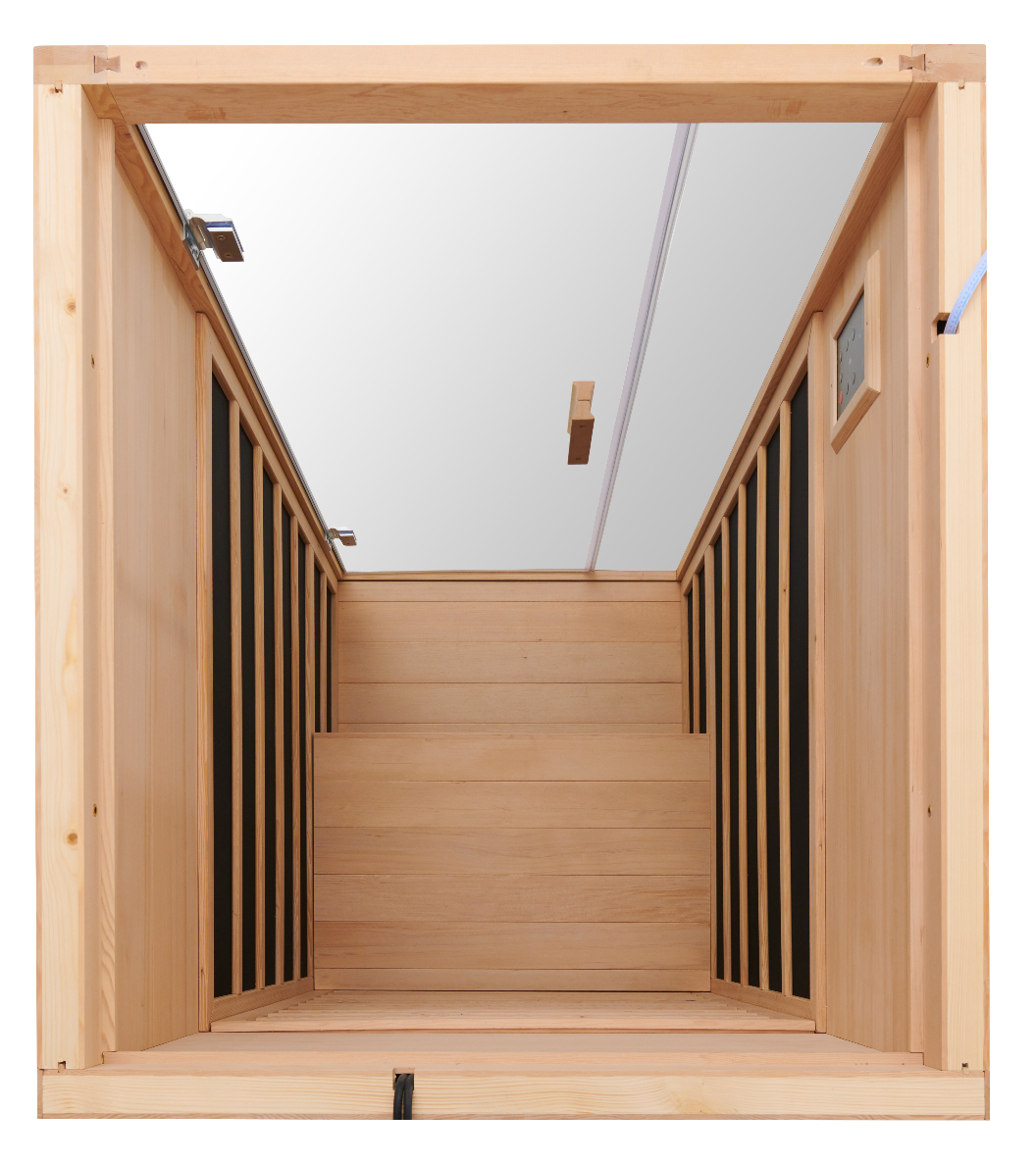 Wooden sauna top view with transparent roof
