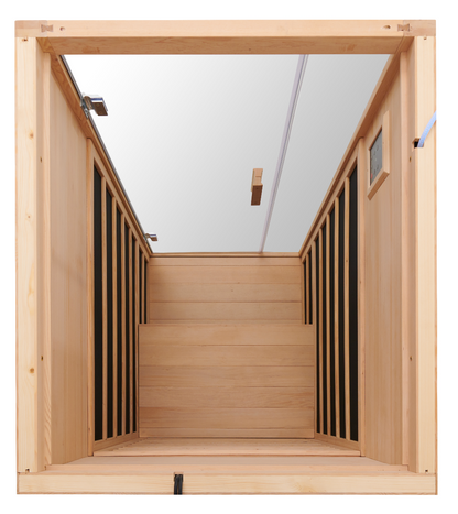 Wooden sauna top view with transparent roof