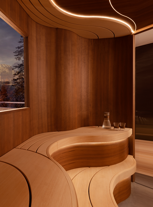 Wooden Sauna interior with curved design and a view of trees outside.