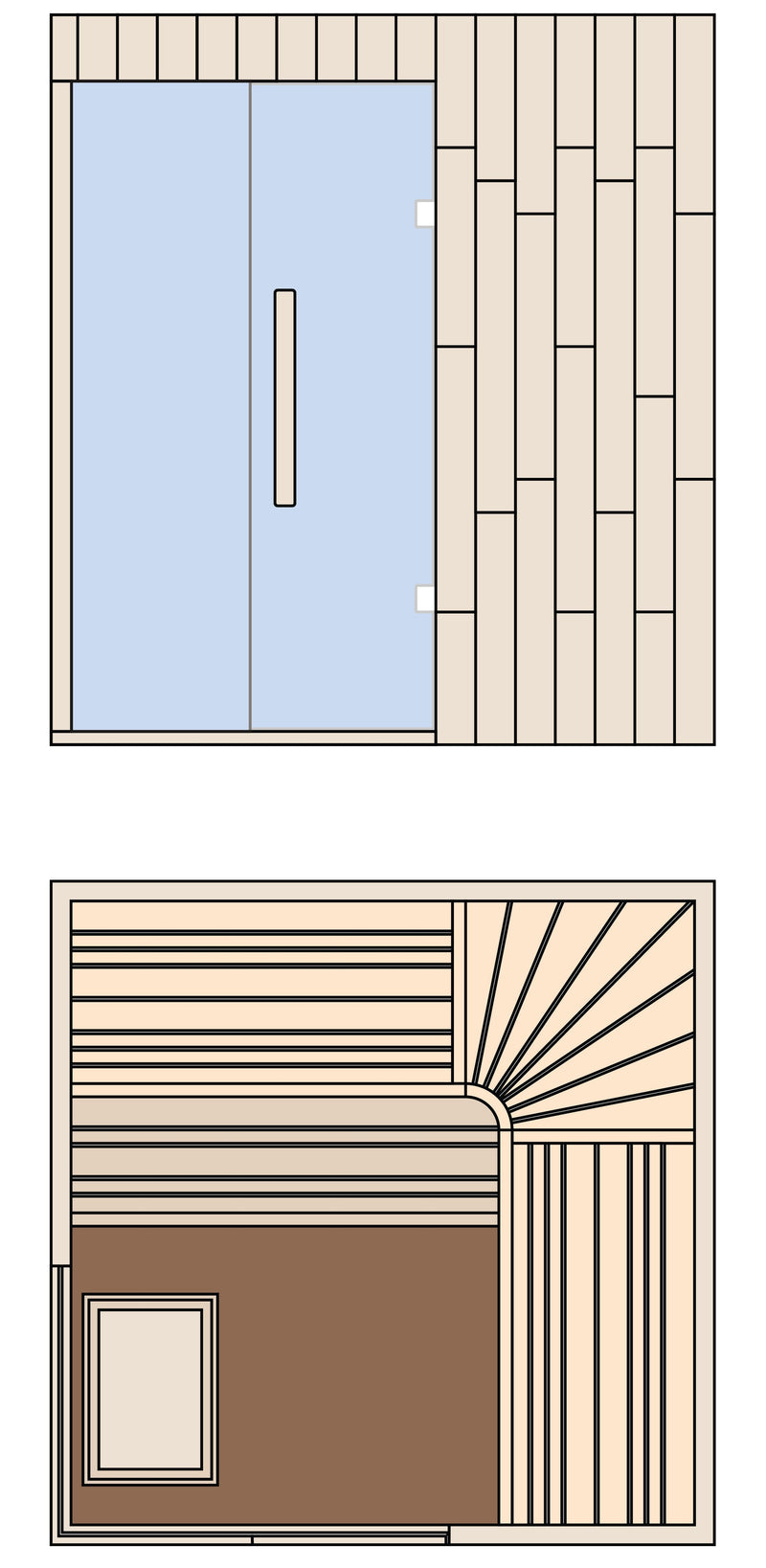 Top-down floor plan illustration of a compact sauna room with light wood plank walls, a pale blue glass door, and a brown interior seating area, shown on a white background.