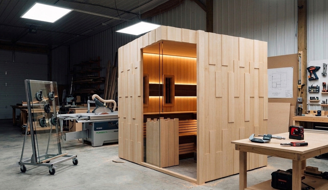 Wooden office sauna in a workshop setting with tools and equipment around