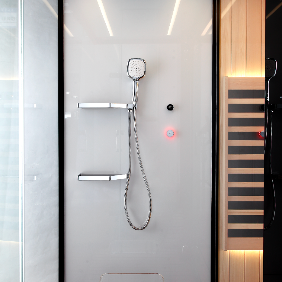 Modern shower setup with handheld shower head and control panel on a white wall.